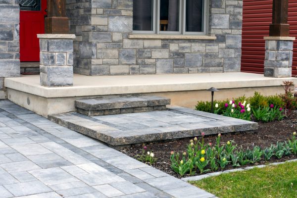 Luxury,Landscaping,With,Precast,Paver,Driveway,,Landing,And,Steps,With